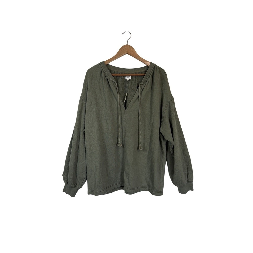 Aerie Peasant Top Womens Medium Olive Green Tassel V-Neck Balloon Sleeve NWT